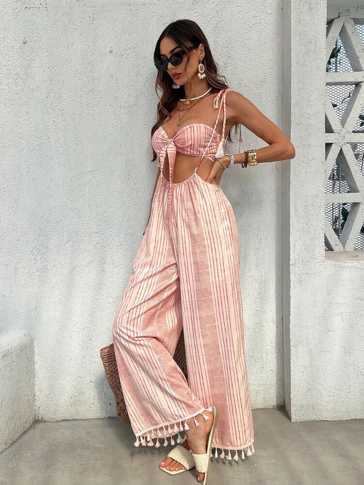 KARISMINA Women's Vacation Casual Striped Bandeau Top And Fringed Long Pants 2 Pieces Set Island Vacation Outfits