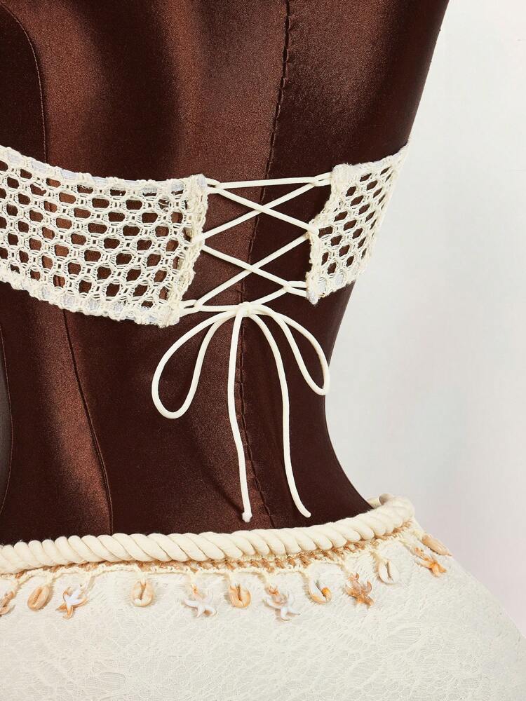 Amplova 2pcs Set: Rope, Starfish & Shell Pendant Decorated Cropped Tank Top And Mini Skirt