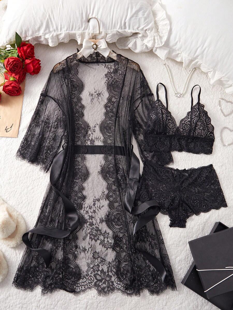 Deep V-Neck Lace Semi-Sheer Fashionable Charming Design Lingerie Set, Sexy Sleepwear For Women