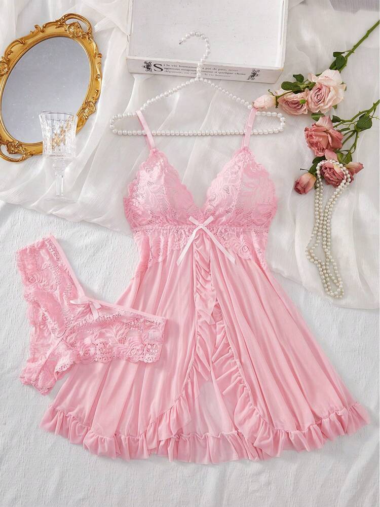 2pcs Lace Sexy Lingerie Set For Women, Suitable For Sleepwear And Loungewear