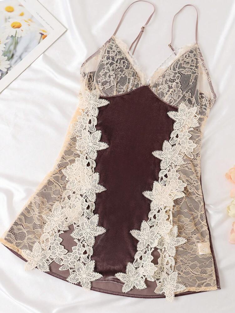 1pc Sexy Sleeveless Velvet & Lace Mini Slip Dress