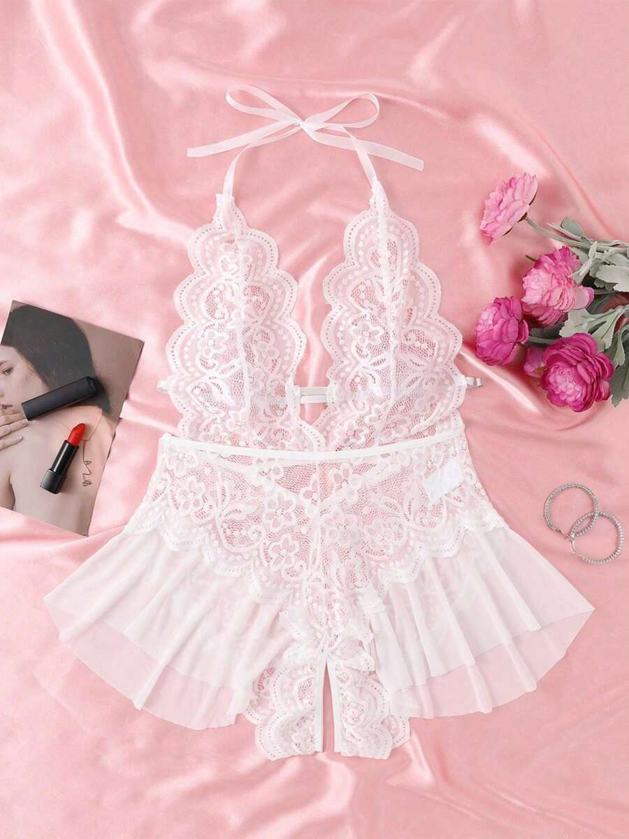 Women's Open Crotch Lace Decorated Backless Halter Neck Sexy Bodysuit With Ruffle Trim
