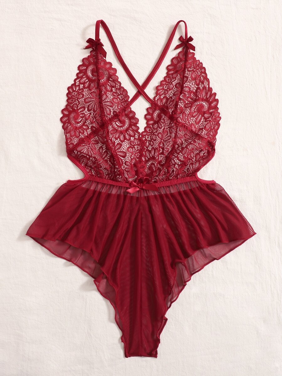 Classic Sexy Contrast Lace Sheer Mesh Backless Cross Teddy Bodysuit Lingerie