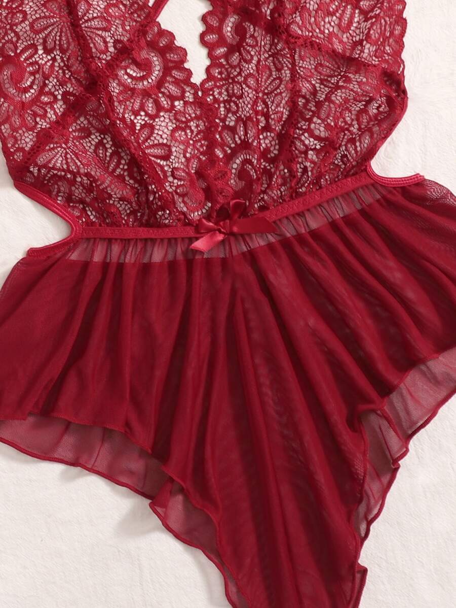 Classic Sexy Contrast Lace Sheer Mesh Backless Cross Teddy Bodysuit Lingerie