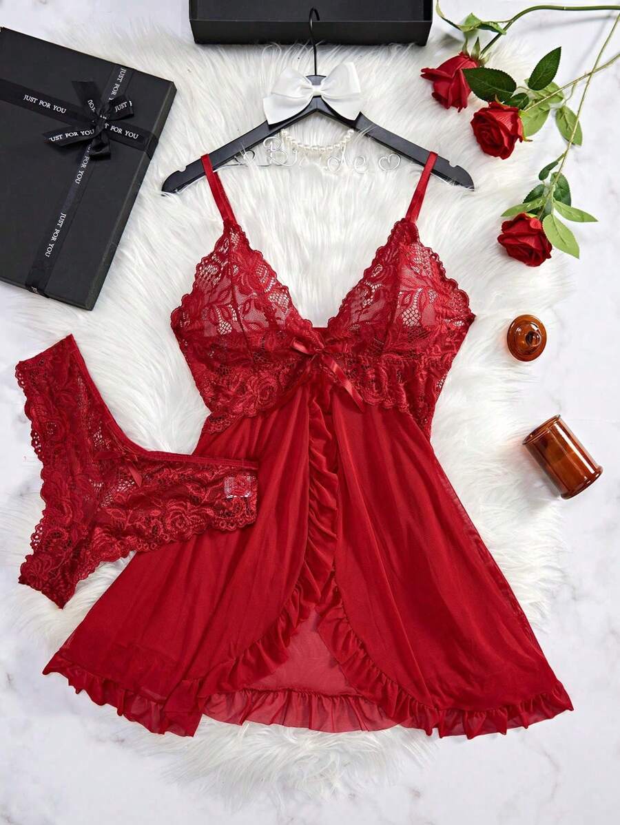 2pcs Lace Sexy Lingerie Set For Women, Suitable For Sleepwear And Loungewear