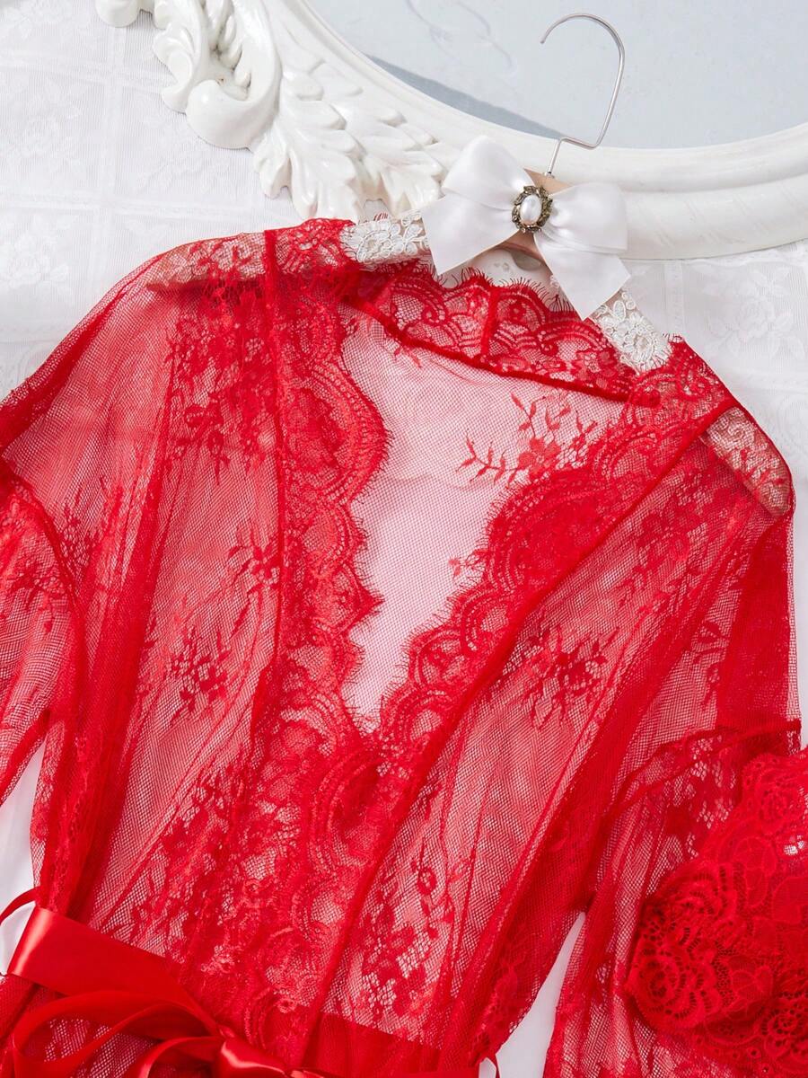 Deep V-Neck Lace Semi-Sheer Fashionable Charming Design Lingerie Set, Sexy Sleepwear For Women