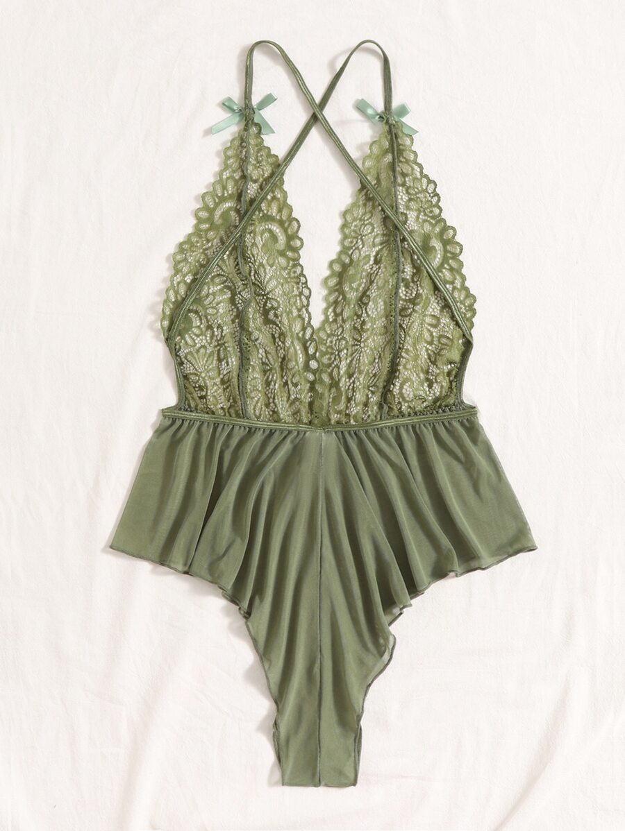 Classic Sexy Contrast Lace Sheer Mesh Backless Cross Teddy Bodysuit Lingerie