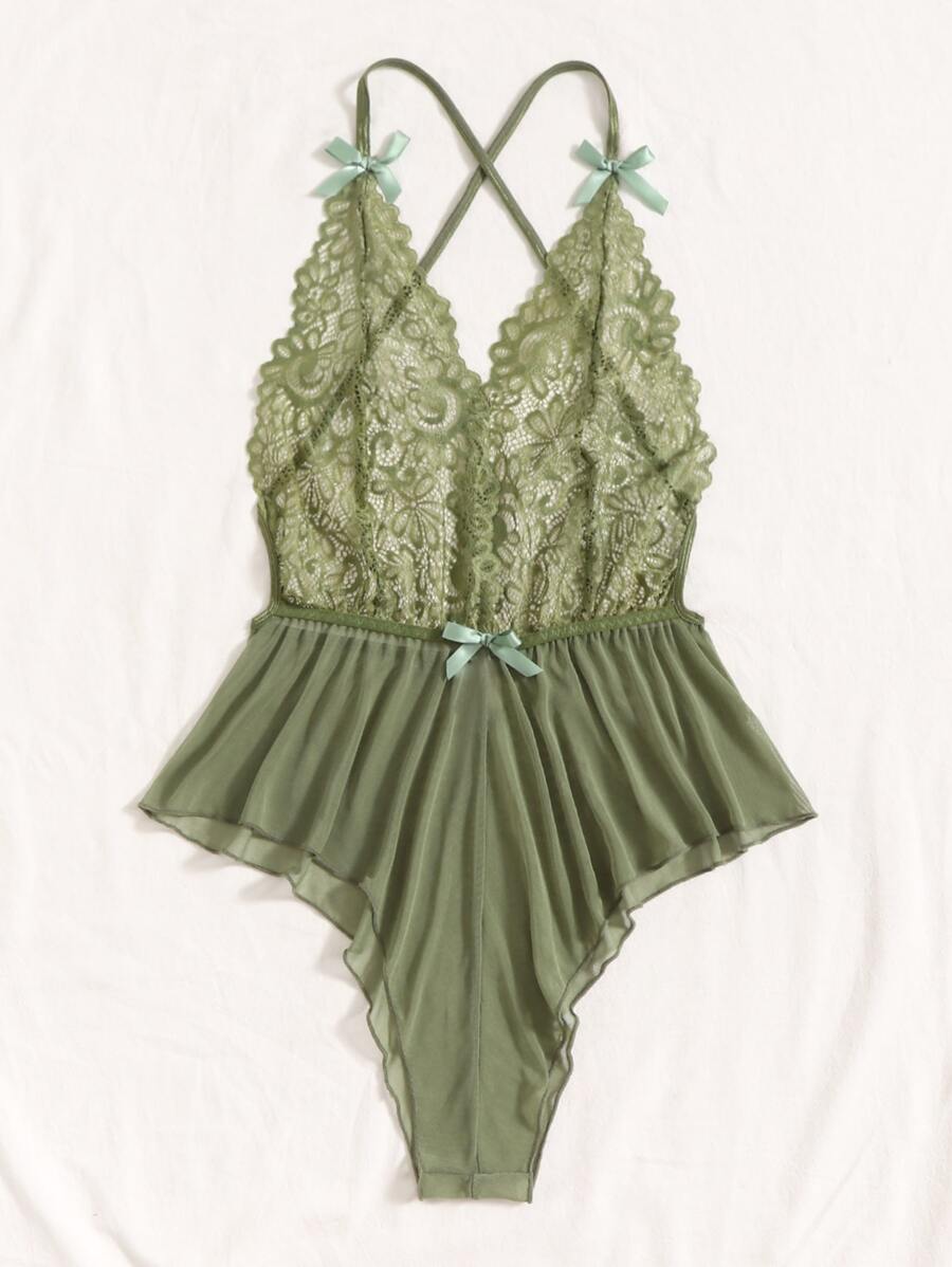 Classic Sexy Contrast Lace Sheer Mesh Backless Cross Teddy Bodysuit Lingerie