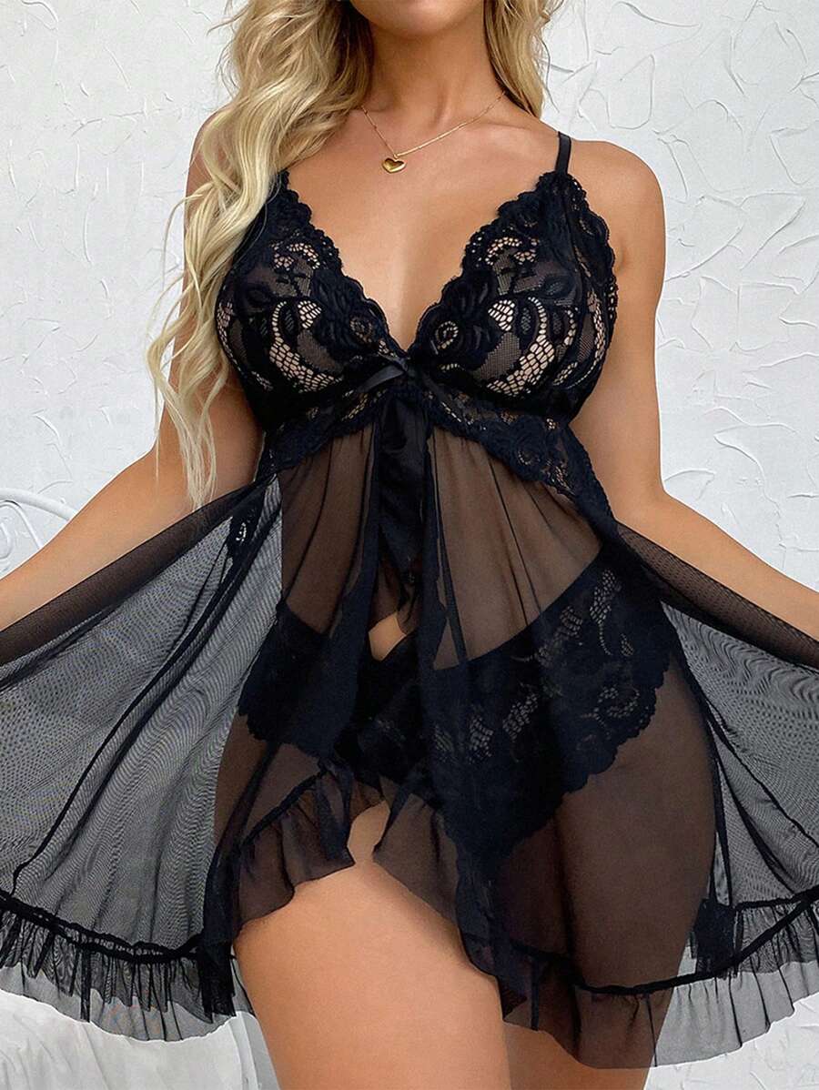 2pcs Lace Sexy Lingerie Set For Women, Suitable For Sleepwear And Loungewear