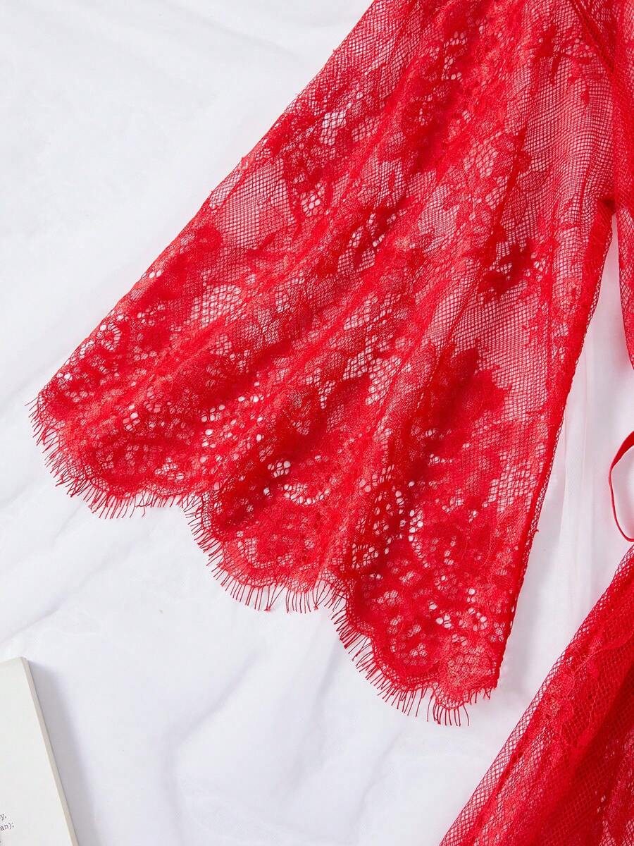 Deep V-Neck Lace Semi-Sheer Fashionable Charming Design Lingerie Set, Sexy Sleepwear For Women