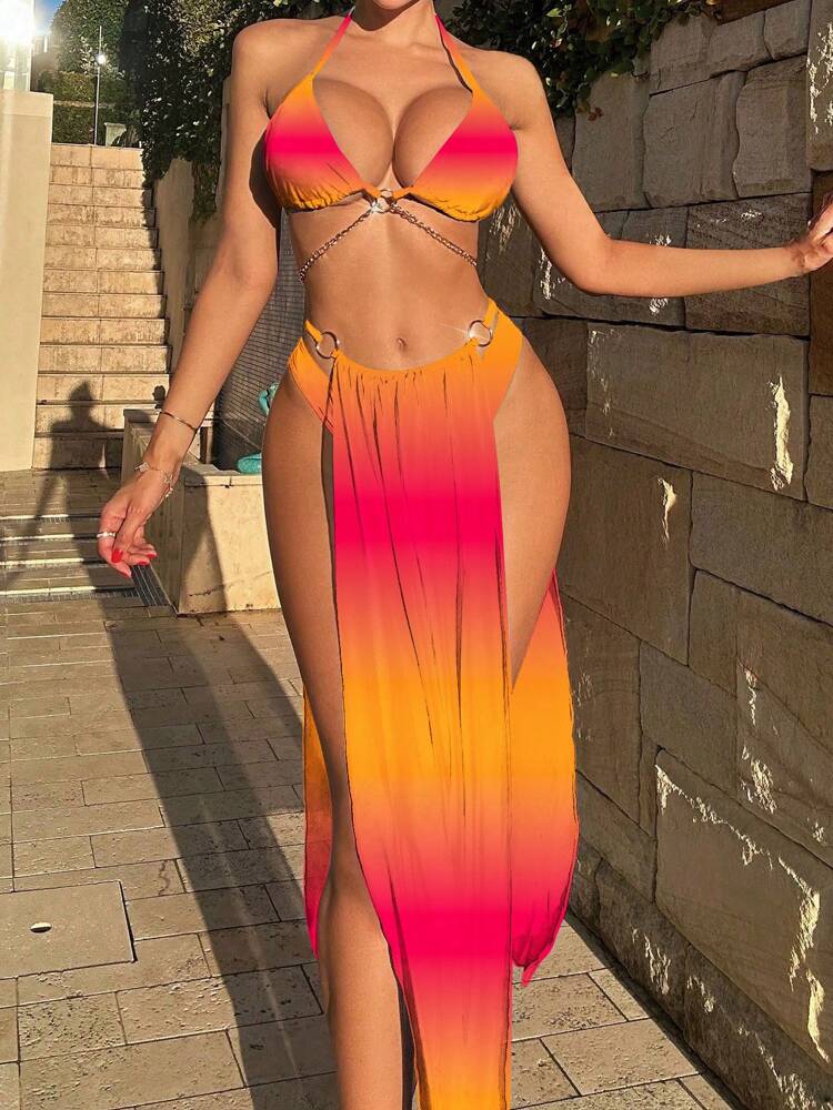 Swim SXY Women's Summer Beach Gradient Color Halter Tie Bikini Set With Printed Cover-Up Skirt, Random