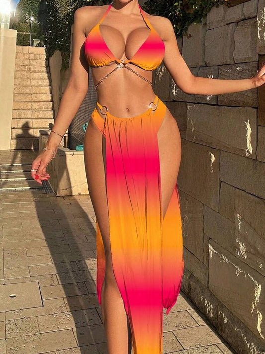 Swim SXY Women's Summer Beach Gradient Color Halter Tie Bikini Set With Printed Cover-Up Skirt, Random