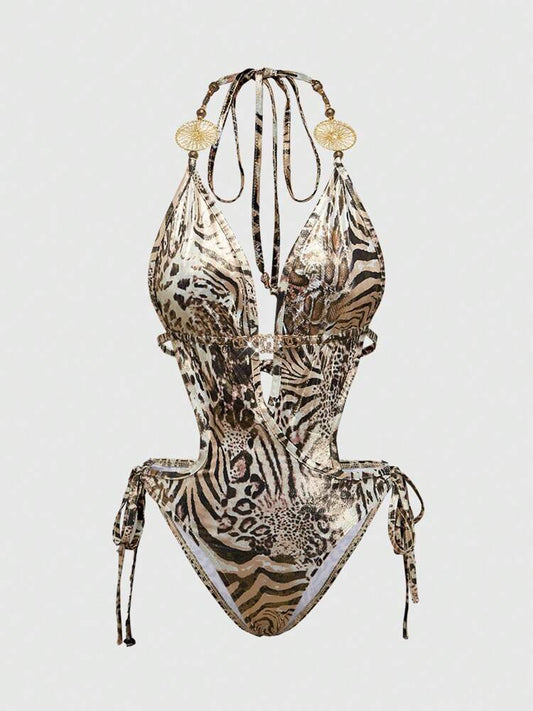 ROMWE Avant Women's Y2K Retro Sexy Leopard Print Metallic Decor Bodysuit