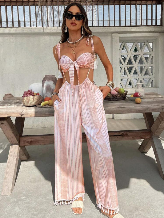 KARISMINA Women's Vacation Casual Striped Bandeau Top And Fringed Long Pants 2 Pieces Set Island Vacation Outfits