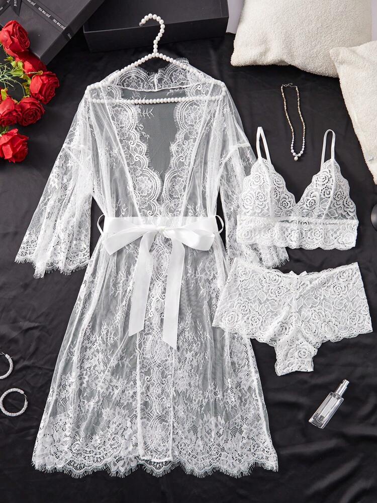 Deep V-Neck Lace Semi-Sheer Fashionable Charming Design Lingerie Set, Sexy Sleepwear For Women