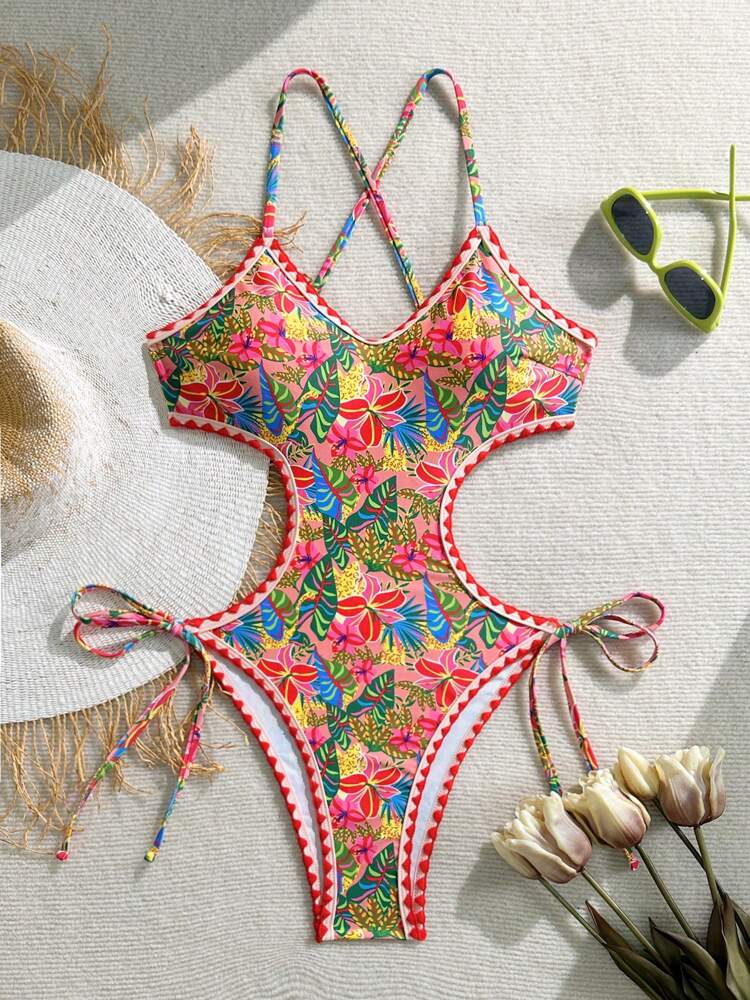 Swim Vcay Women's One-Piece Swimsuit, Floral Printed, Bohemian Style, Fringe Trim Details, Side Cut-Out Design