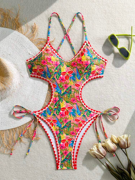 Swim Vcay Women's One-Piece Swimsuit, Floral Printed, Bohemian Style, Fringe Trim Details, Side Cut-Out Design