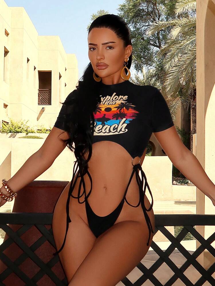 Swim SXY 2pcs Women Summer Beach Vacation Outfit Coconut Tree & Letter Print Round Neck Short Sleeve Top And Bottom Sexy Fashionable Swimwear Set