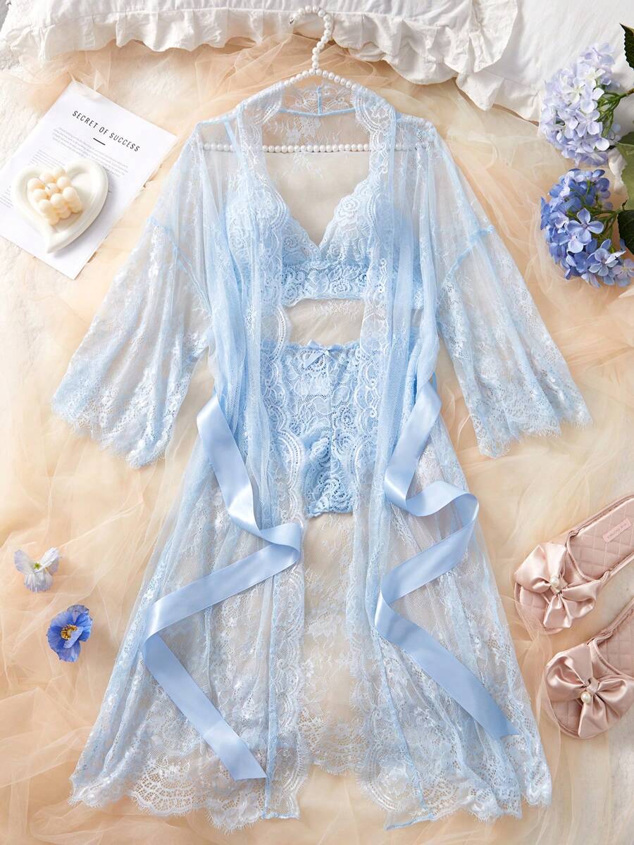 Deep V-Neck Lace Semi-Sheer Fashionable Charming Design Lingerie Set, Sexy Sleepwear For Women