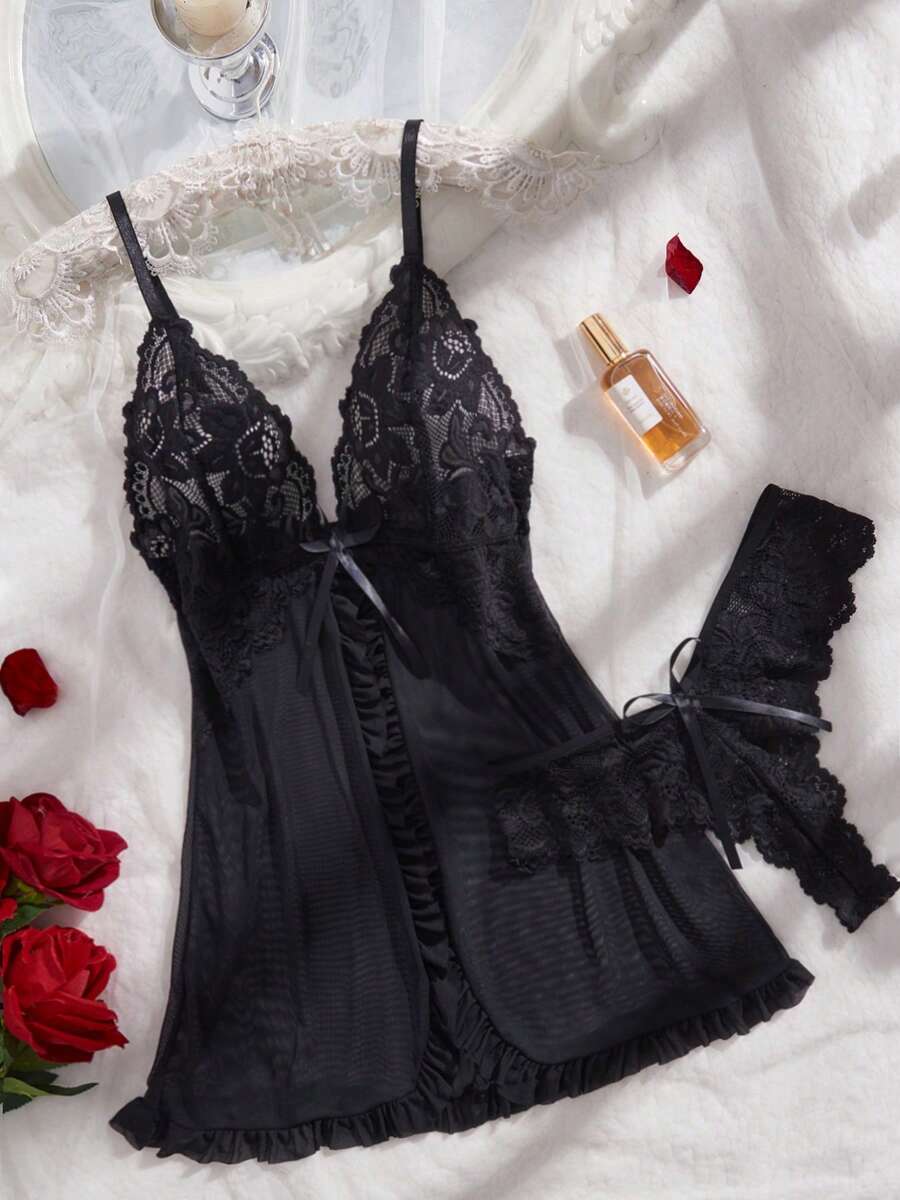 2pcs Lace Sexy Lingerie Set For Women, Suitable For Sleepwear And Loungewear