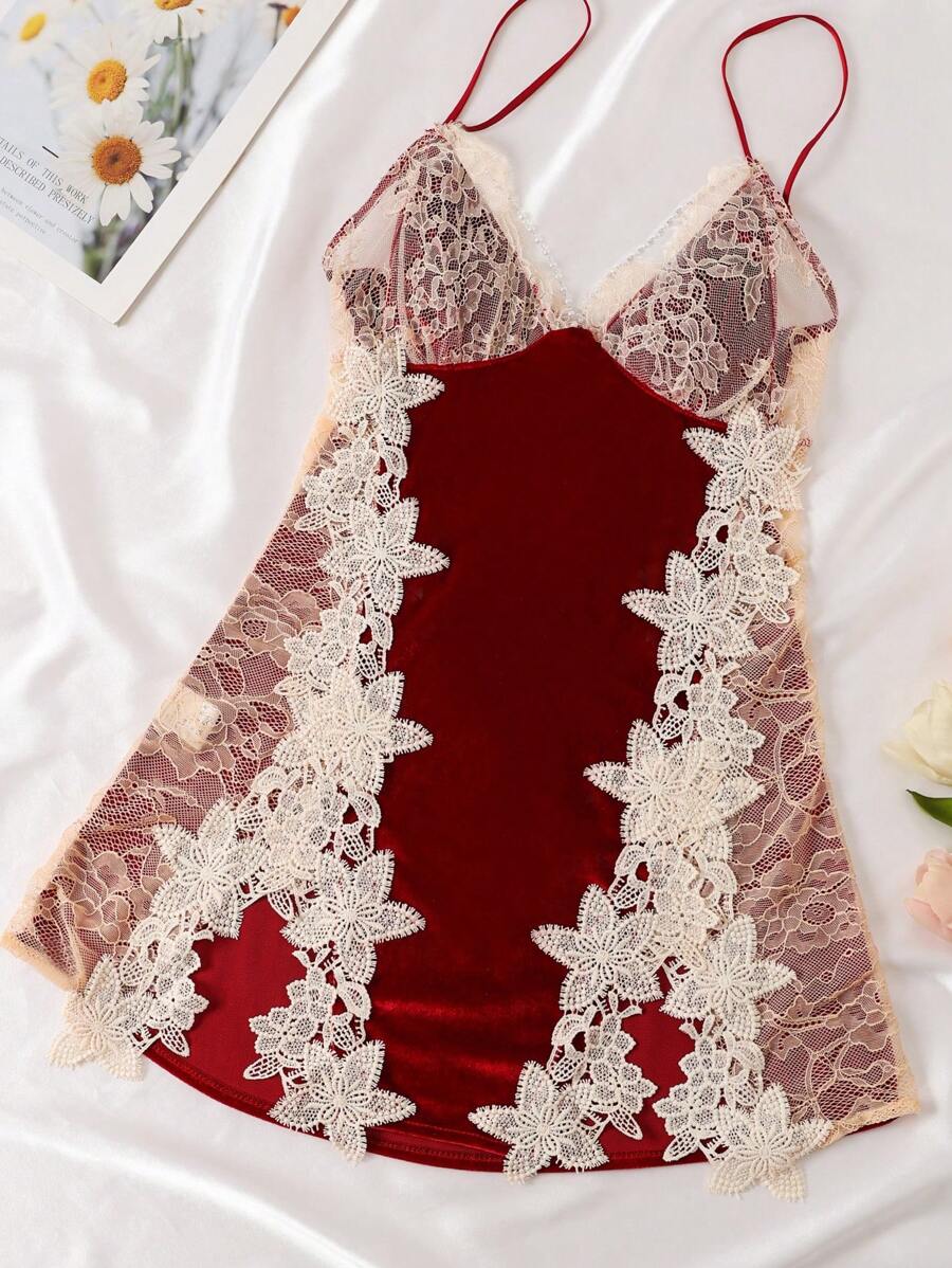 1pc Sexy Sleeveless Velvet & Lace Mini Slip Dress
