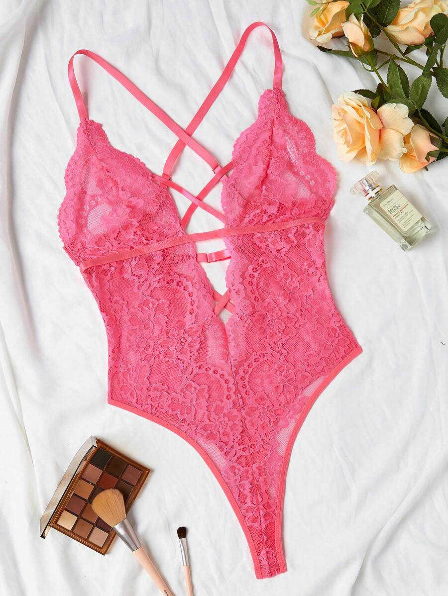 Classic Sexy Floral Lace Criss Cross Lace Up Backless Teddy Bodysuit Lingerie