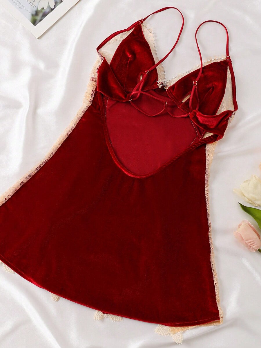 1pc Sexy Sleeveless Velvet & Lace Mini Slip Dress