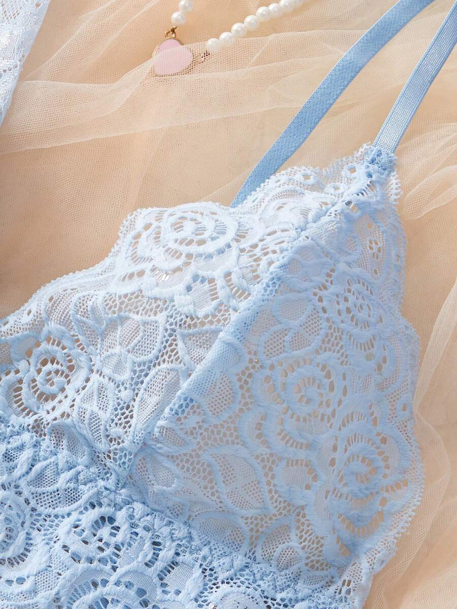 Deep V-Neck Lace Semi-Sheer Fashionable Charming Design Lingerie Set, Sexy Sleepwear For Women