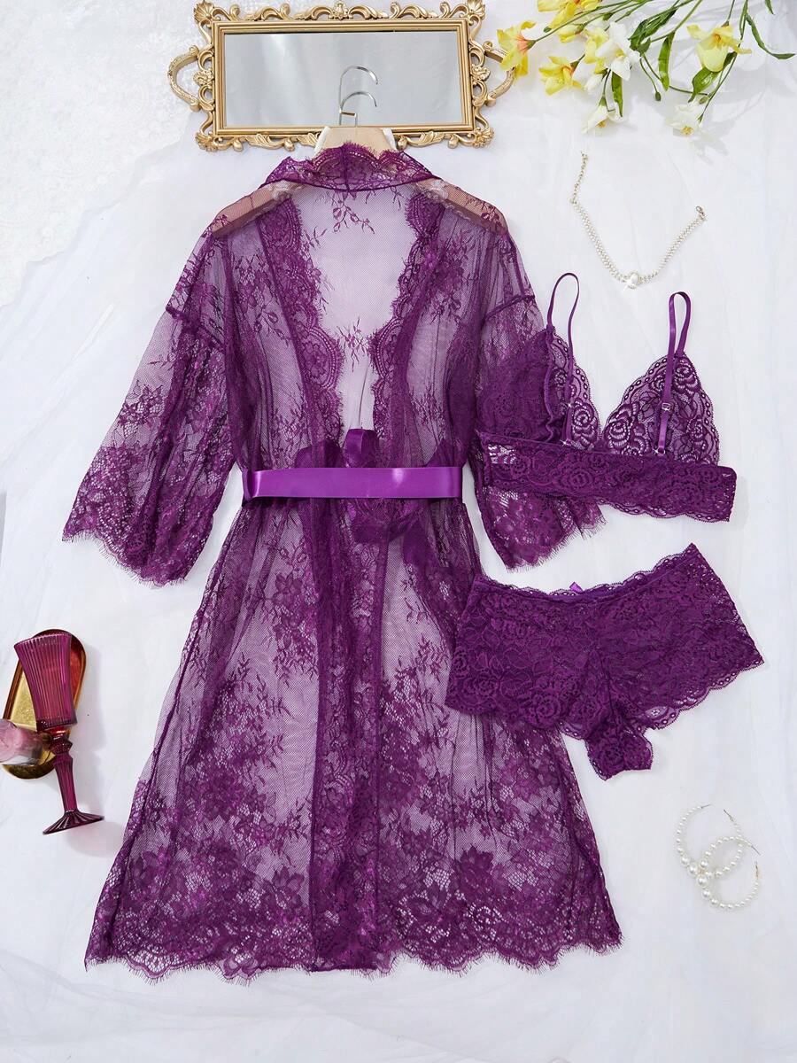 Deep V-Neck Lace Semi-Sheer Fashionable Charming Design Lingerie Set, Sexy Sleepwear For Women