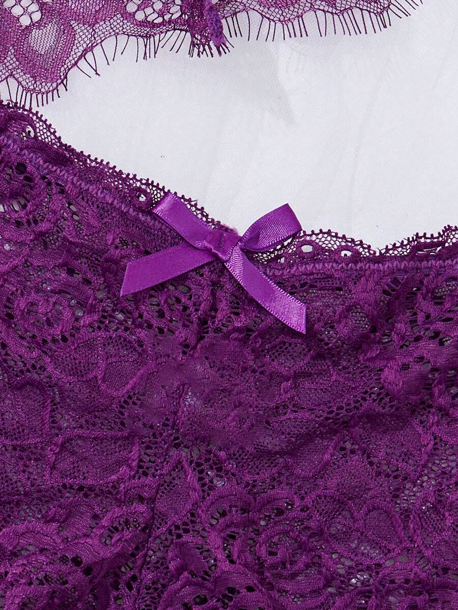 Deep V-Neck Lace Semi-Sheer Fashionable Charming Design Lingerie Set, Sexy Sleepwear For Women