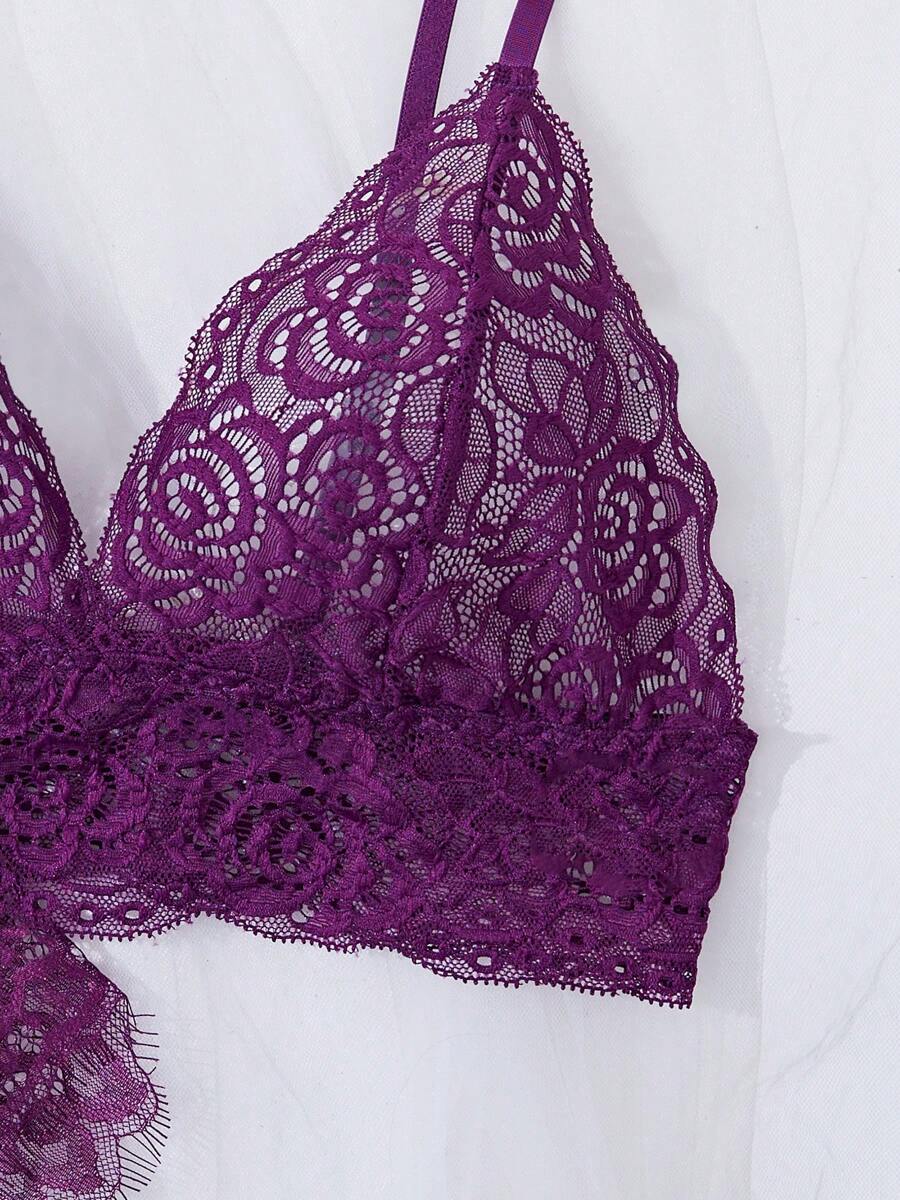 Deep V-Neck Lace Semi-Sheer Fashionable Charming Design Lingerie Set, Sexy Sleepwear For Women