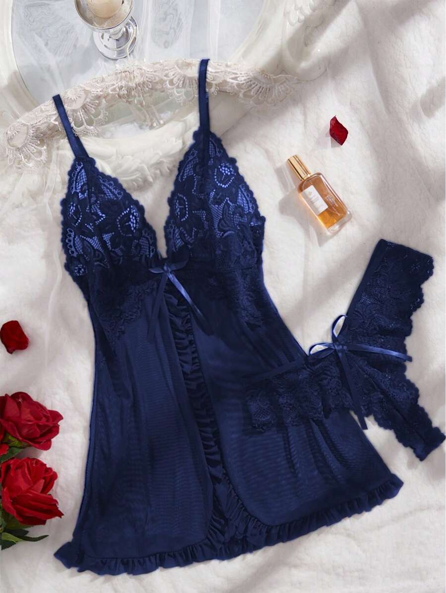 2pcs Lace Sexy Lingerie Set For Women, Suitable For Sleepwear And Loungewear