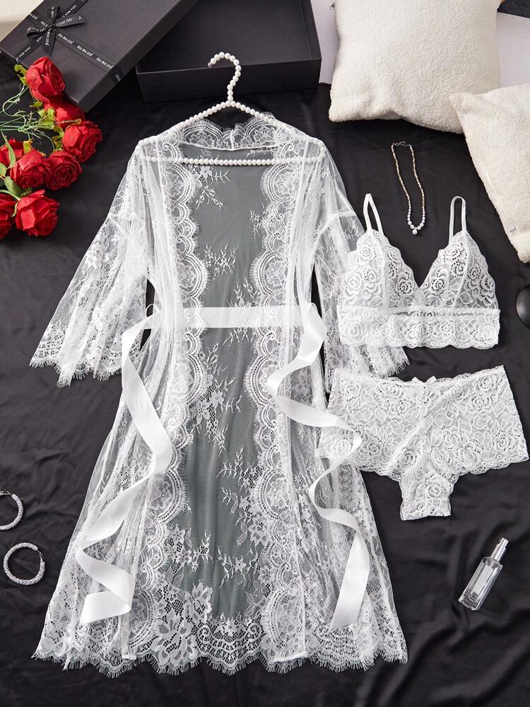 Deep V-Neck Lace Semi-Sheer Fashionable Charming Design Lingerie Set, Sexy Sleepwear For Women