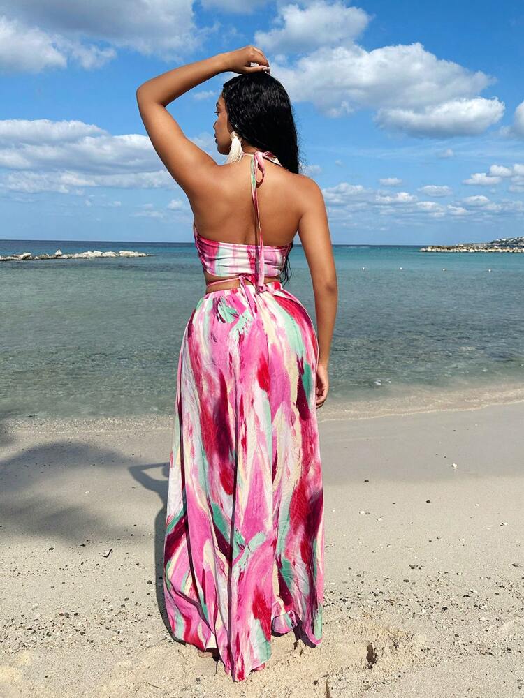 SXY Women Tie Dye Printed Hollow Out Cross Halter Split Dress For Beach Vacation