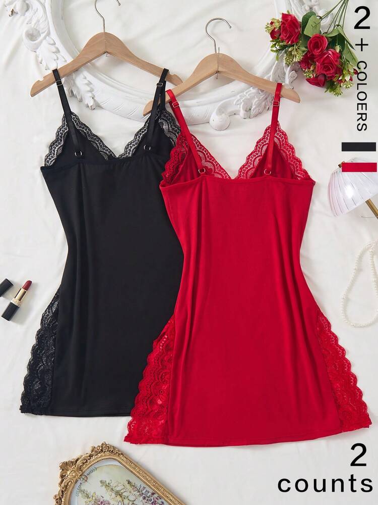 2pcs Lace Patchwork, Bow Decor, Romantic Side Slit Camisole Nightgown ,Vacation