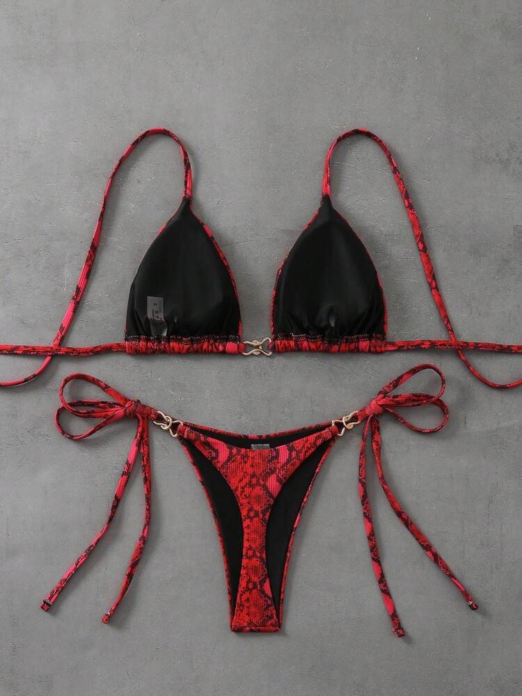 Swim Vcay 2pcs/Set Women Beach Random Floral Print Halter Triangle Bikini Top And Side Tie Bottom Set, Summer