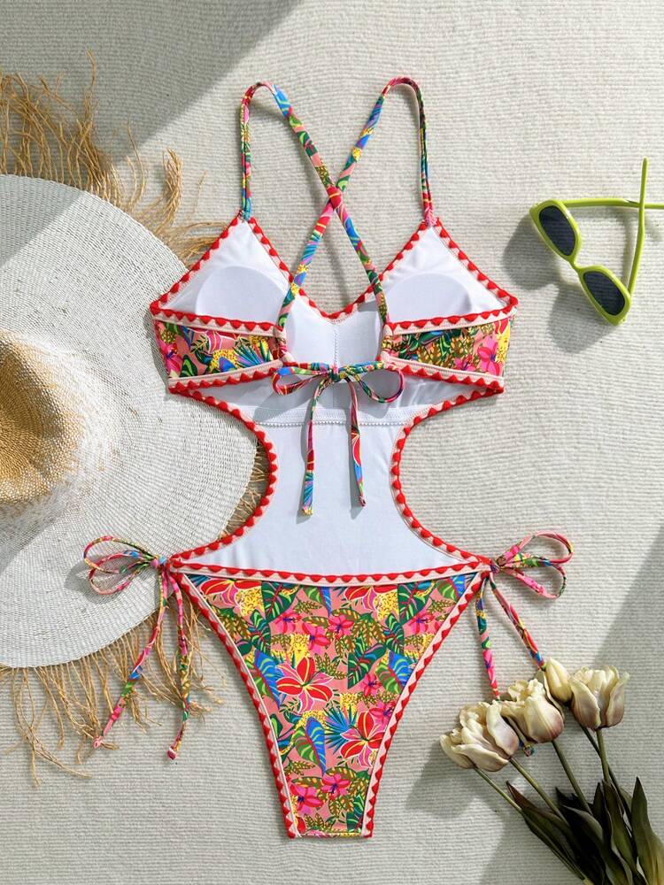 Swim Vcay Women's One-Piece Swimsuit, Floral Printed, Bohemian Style, Fringe Trim Details, Side Cut-Out Design