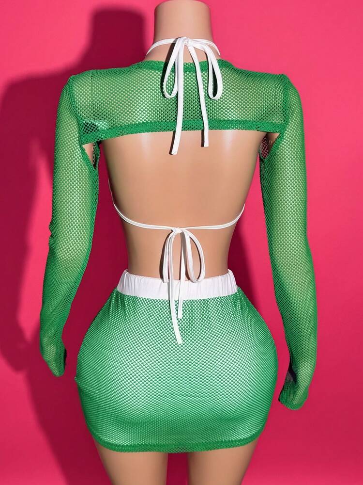Slaydiva 2025 Spring/Summer New Music Festival, St. Patrick's Day, Easter Casual Streetwear Style Letter Print Halter Tie Crop Top With Mesh Patchwork Mini Skirt Set
