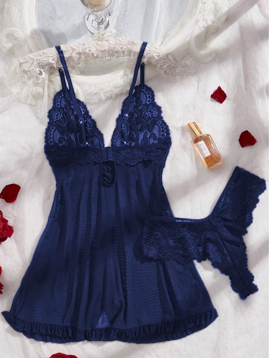 2pcs Lace Sexy Lingerie Set For Women, Suitable For Sleepwear And Loungewear