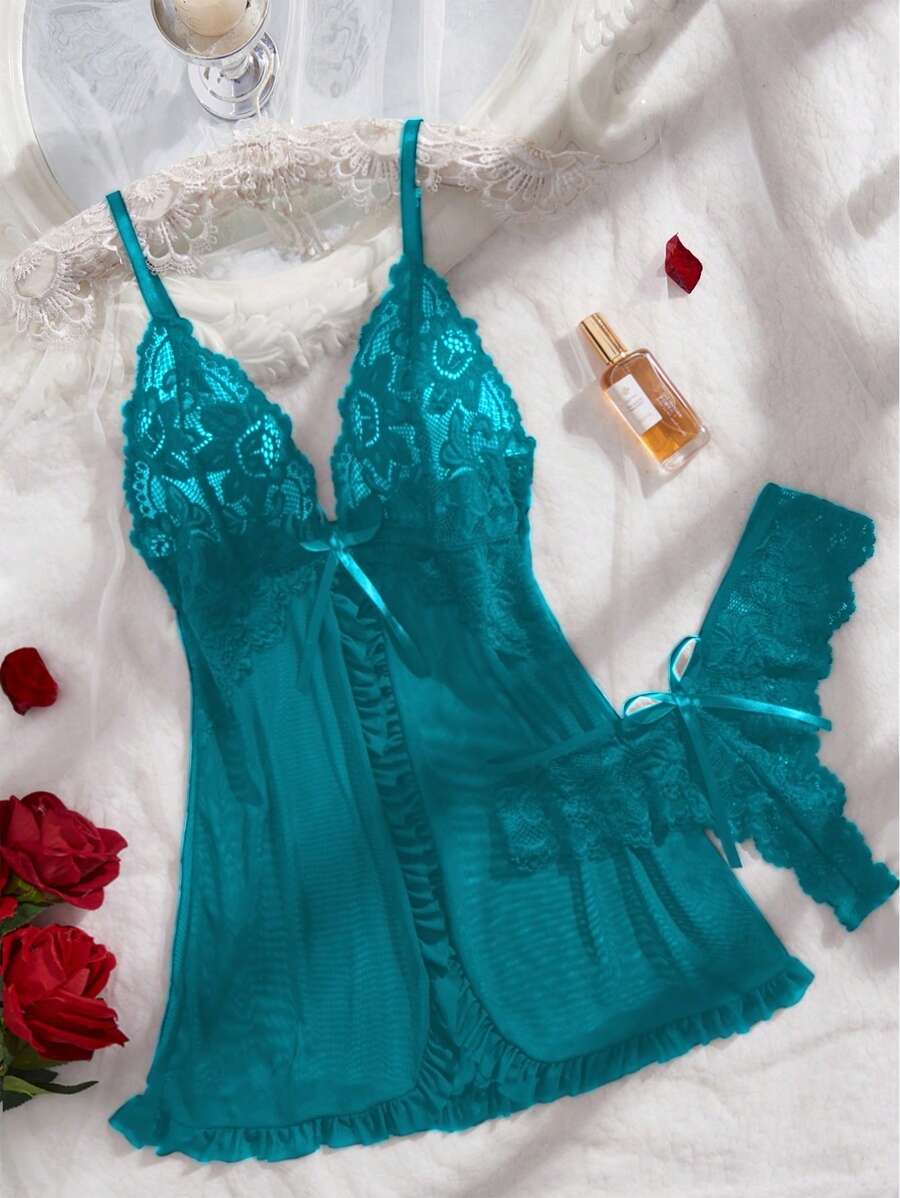 2pcs Lace Sexy Lingerie Set For Women, Suitable For Sleepwear And Loungewear