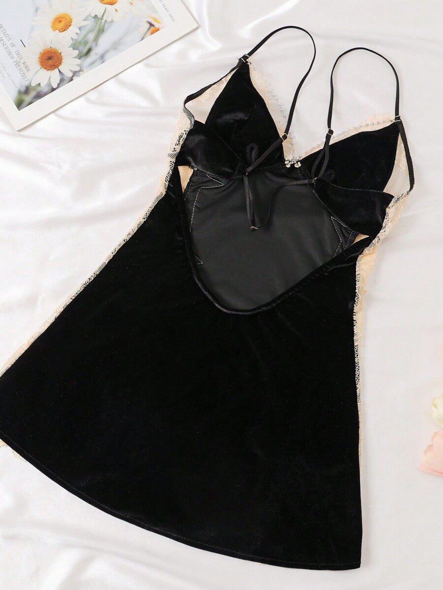 1pc Sexy Sleeveless Velvet & Lace Mini Slip Dress