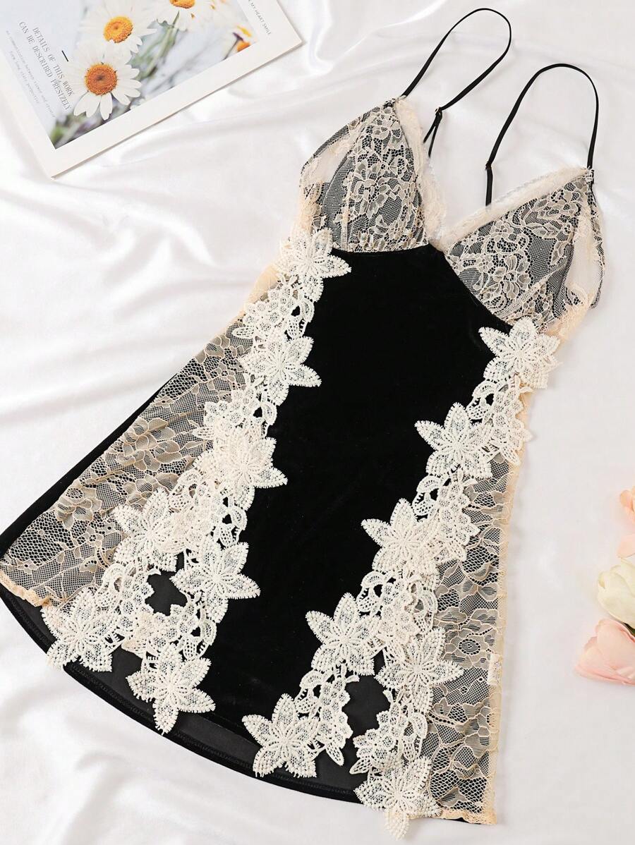 1pc Sexy Sleeveless Velvet & Lace Mini Slip Dress