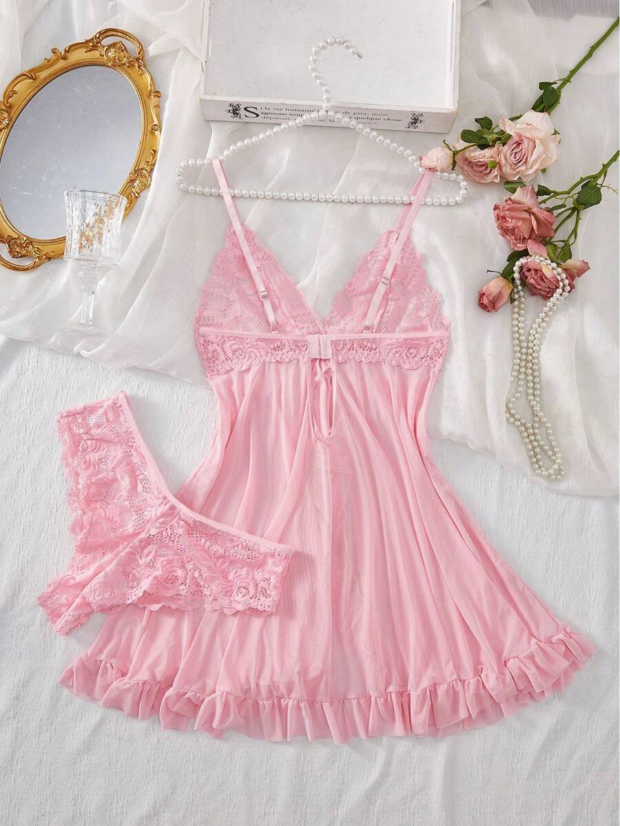 2pcs Lace Sexy Lingerie Set For Women, Suitable For Sleepwear And Loungewear