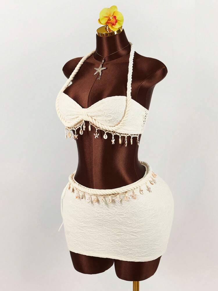 Amplova 2pcs Set: Rope, Starfish & Shell Pendant Decorated Cropped Tank Top And Mini Skirt