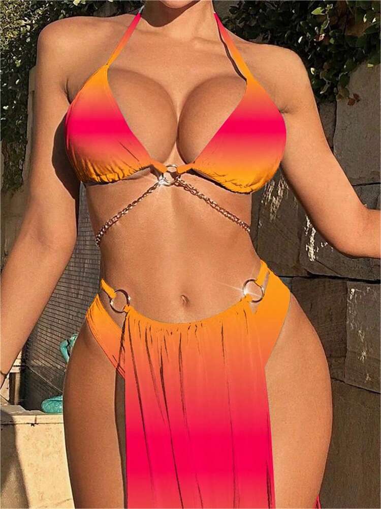 Swim SXY Women's Summer Beach Gradient Color Halter Tie Bikini Set With Printed Cover-Up Skirt, Random