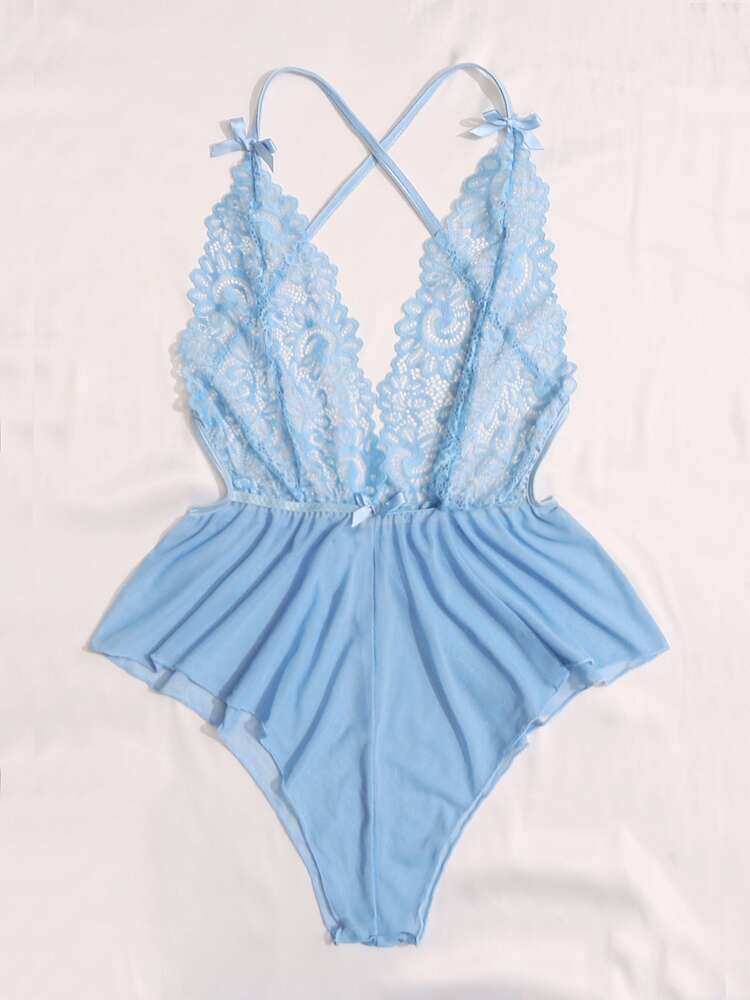 Classic Sexy Contrast Lace Sheer Mesh Backless Cross Teddy Bodysuit Lingerie