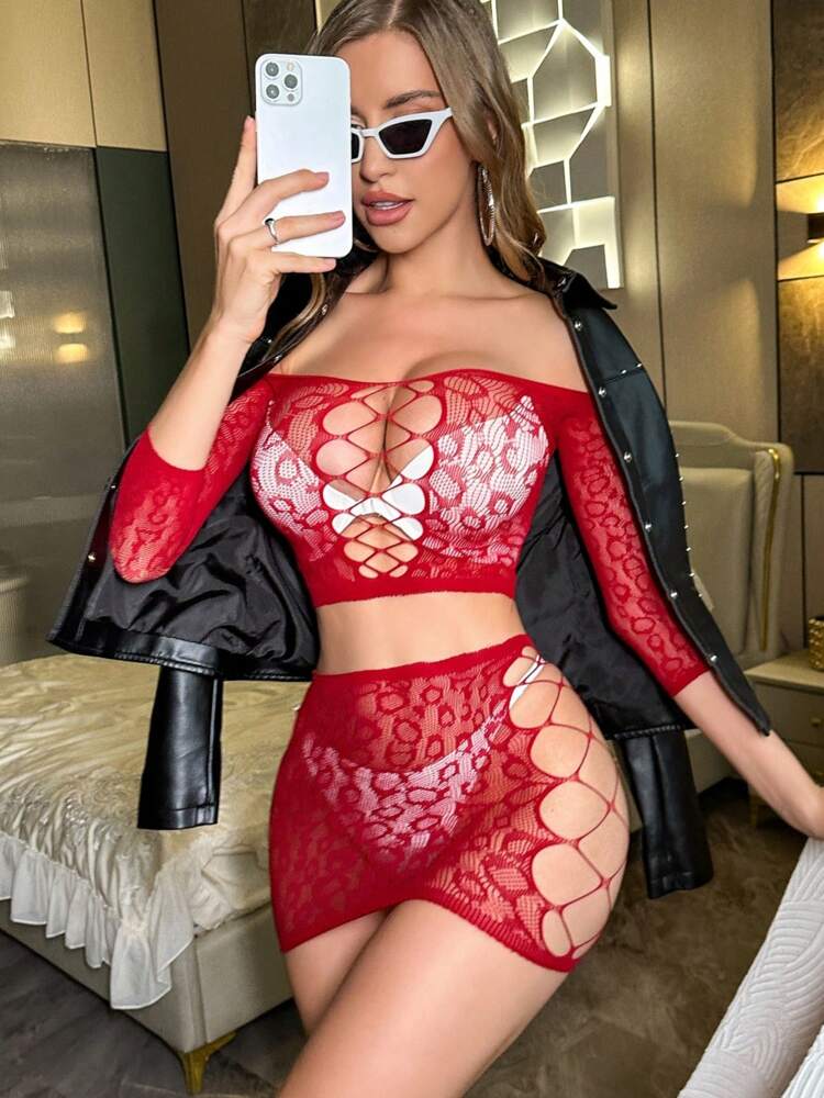 ChaseTheNight Christmas Wine Red Sexy Women's 2Pcs Lingerie Set: Crop Top With Cutout & Mini Skirt