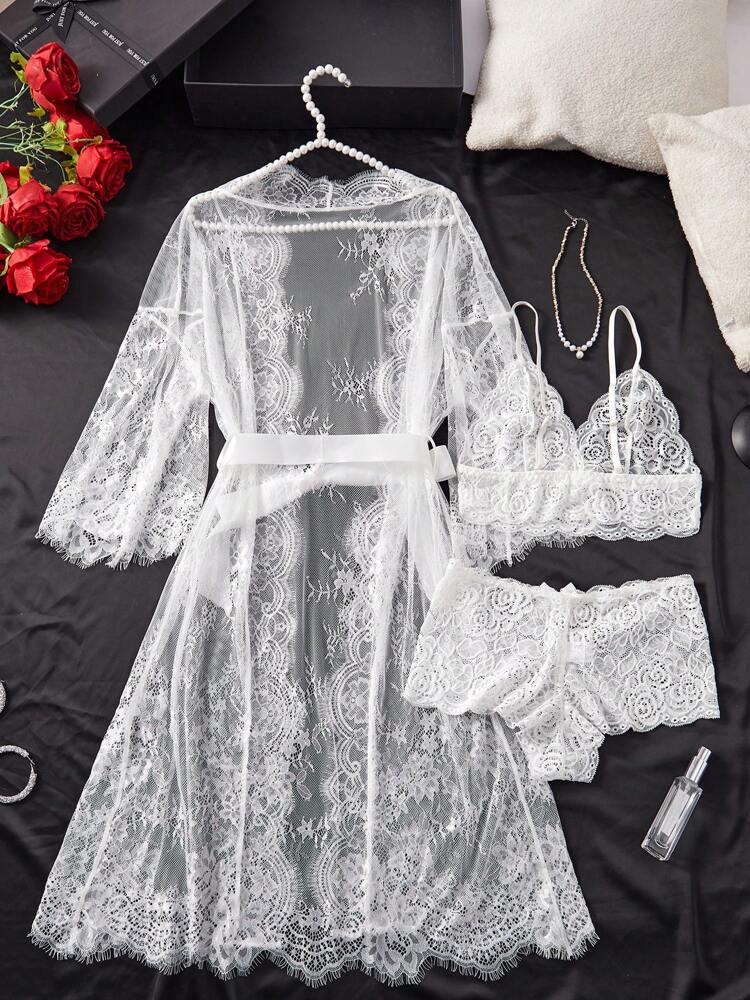 Deep V-Neck Lace Semi-Sheer Fashionable Charming Design Lingerie Set, Sexy Sleepwear For Women