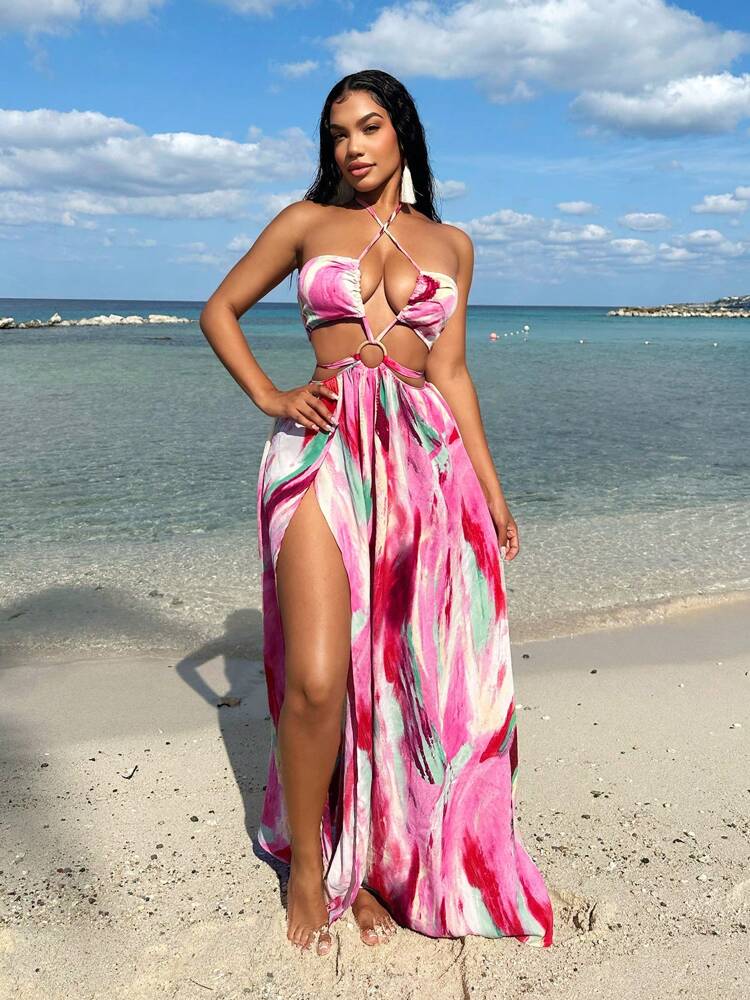 SXY Women Tie Dye Printed Hollow Out Cross Halter Split Dress For Beach Vacation