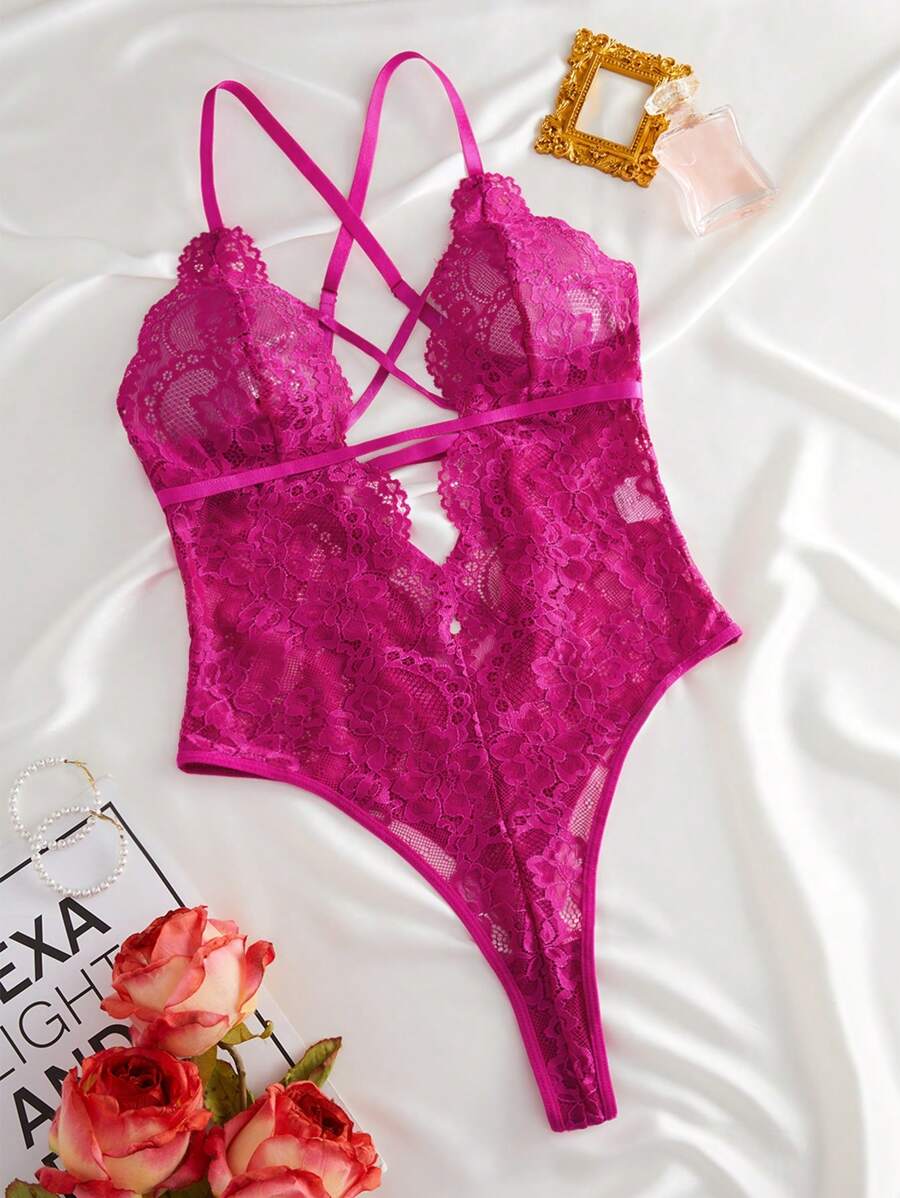 Classic Sexy Floral Lace Criss Cross Lace Up Backless Teddy Bodysuit Lingerie